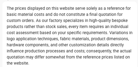 A message from a supplier explaining that their listed price is a reference only and does not constitute a quote, describing the increase as somewhat higher