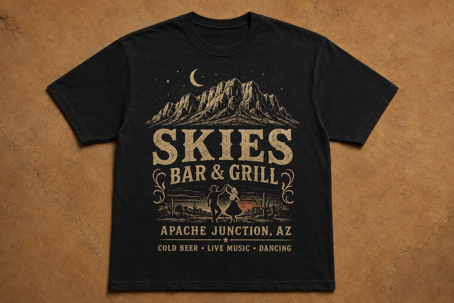 Skies Bar and Grill graphic T-shirt from the Western Skies Merch preview site